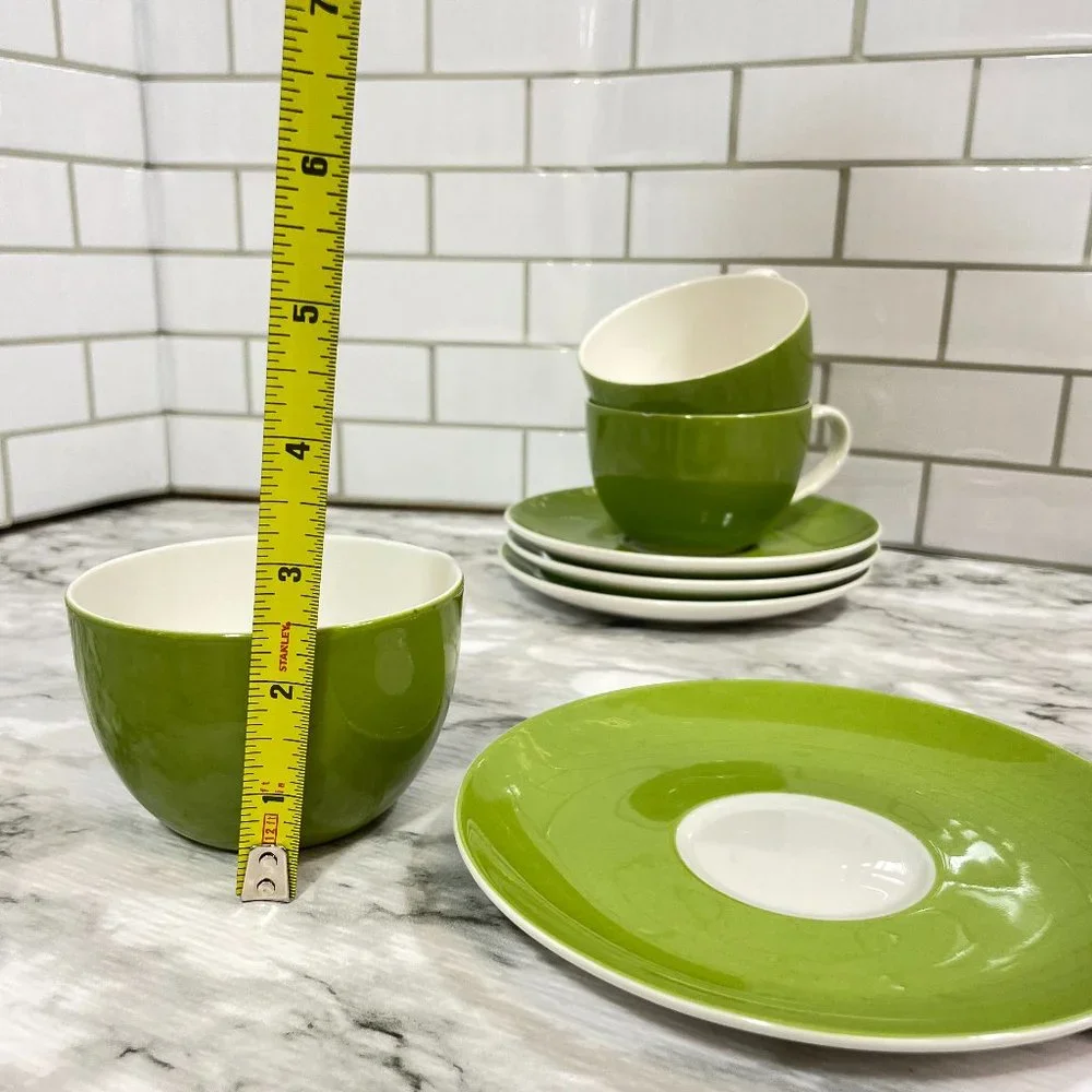 Crate & Barrel Hamptons Green Coffee Tea Cups and Saucers 7 Pieces